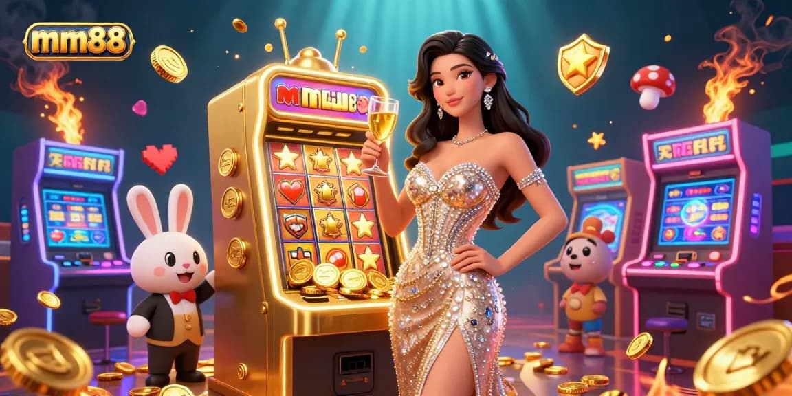 Experience thrilling jackpots with mm88's vibrant casino atmosphere featuring animated characters and gold coins.