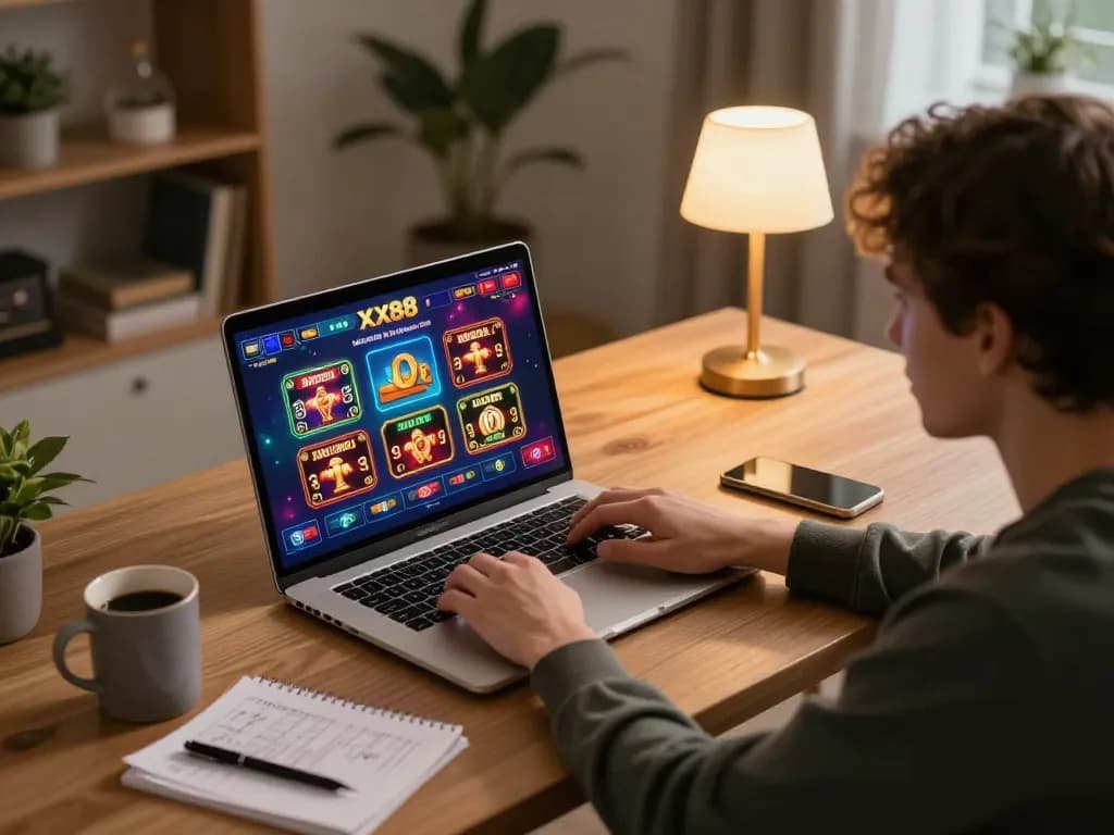 Player engaging with XX88 online casino on laptop, showcasing a vibrant gaming interface at home