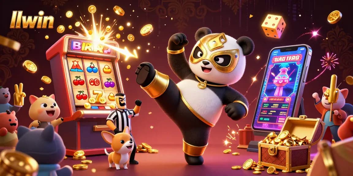 Engage in thrilling action at llwin's casino, showcasing a panda wrestler kicking through a vibrant jackpot explosion.
