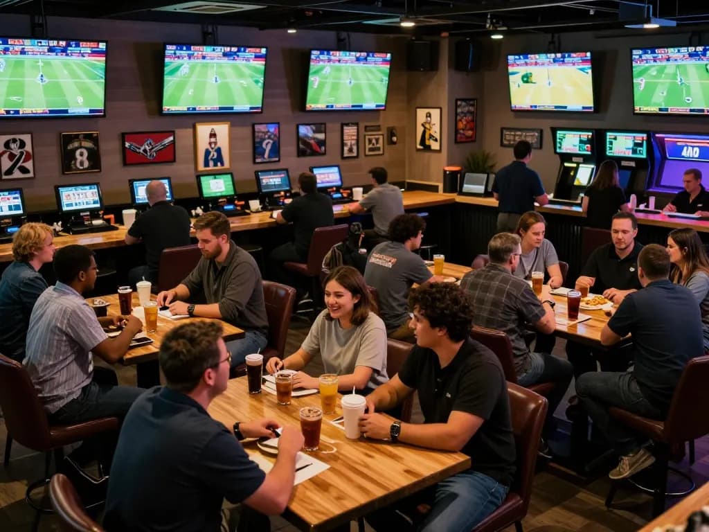 Engaged bettors placing wagers at Fly88 sports betting bar, capturing the excitement of live sports.