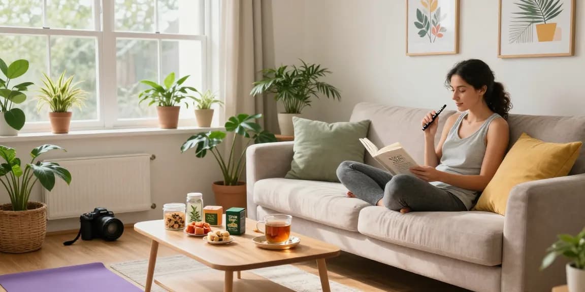 Properloud THC vape pen in a cozy living room, showcasing a natural wellness atmosphere with hemp edibles and yoga mat.
