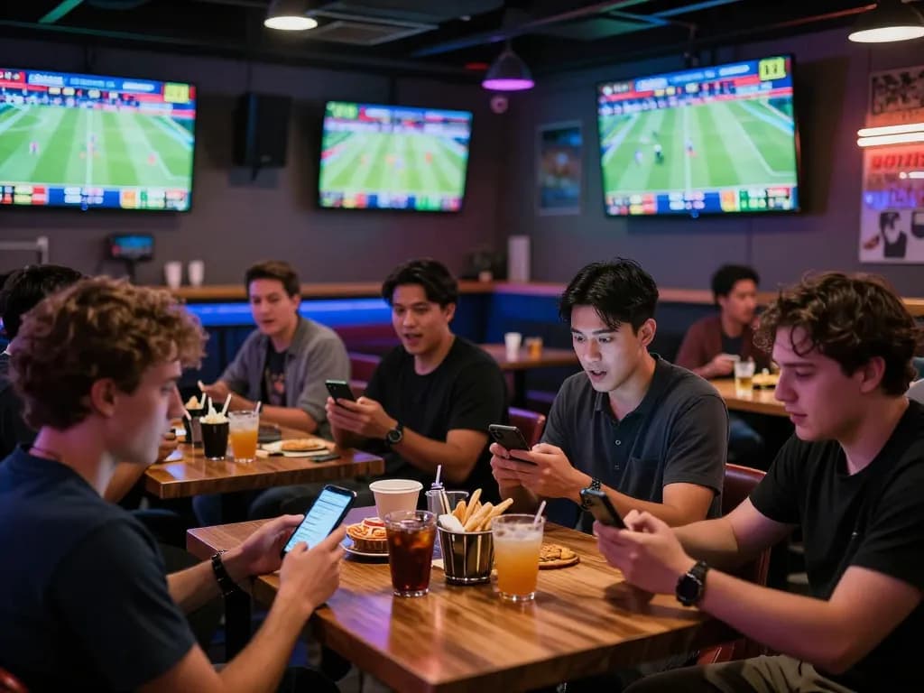 Petter yang terlibat menganalisis peluang di smartphone mereka di ruang taruhan olahraga toto yang ramai