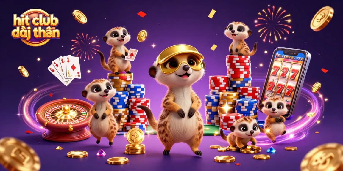 Experience excitement at hit club đổi thưởng with meerkats managing games amidst a vibrant casino atmosphere.