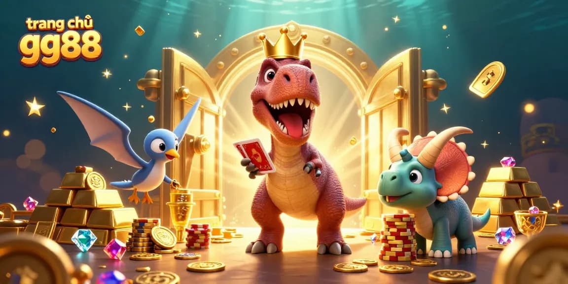 Engage in fun activities at trang chủ gg88 with T-Rex, Pterodactyl, and Triceratops in a vibrant casino scene.