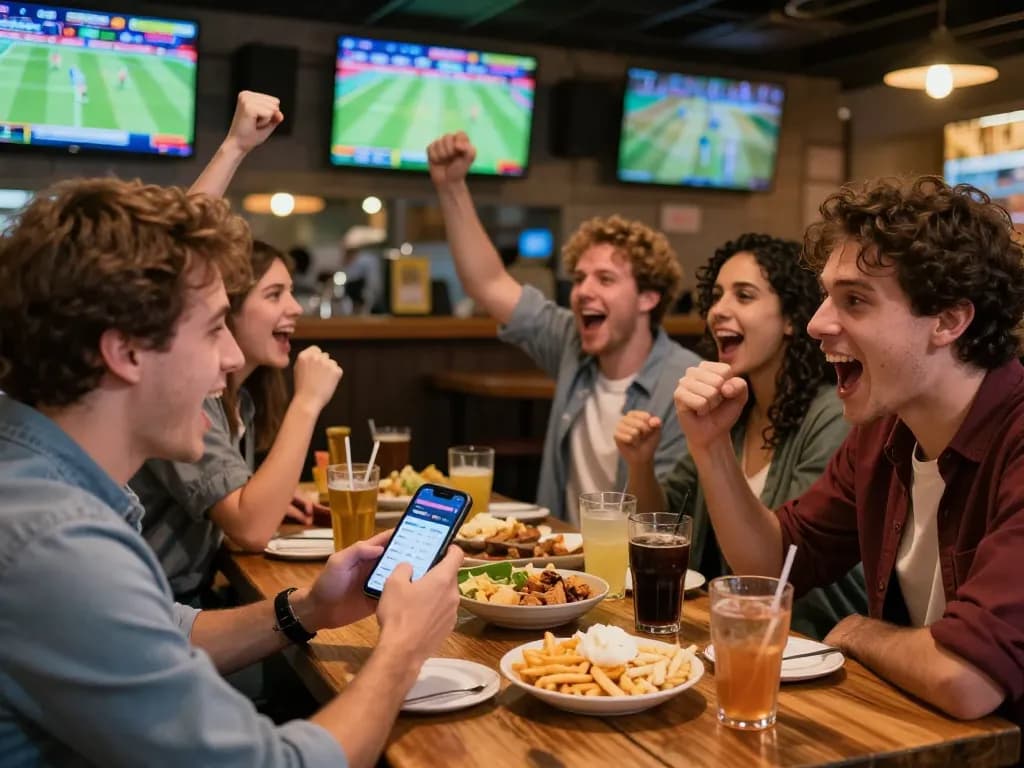 Players engaging in sports betting excitement on 99win app in a bustling bar atmosphere