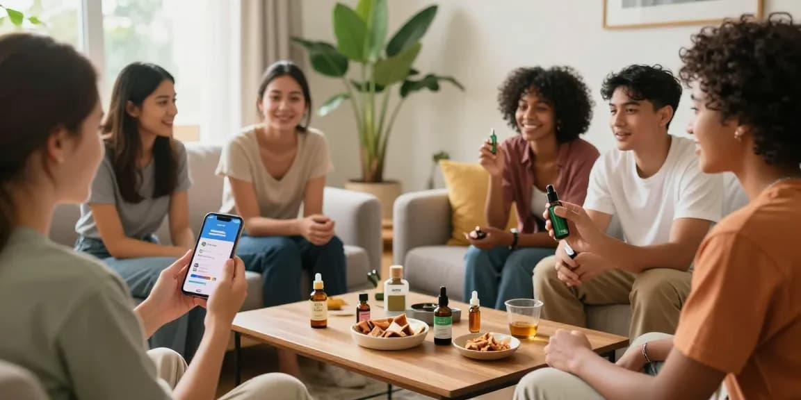 Engaging friends discussing weed telegram near me while exploring CBD products in a cozy living room setting.