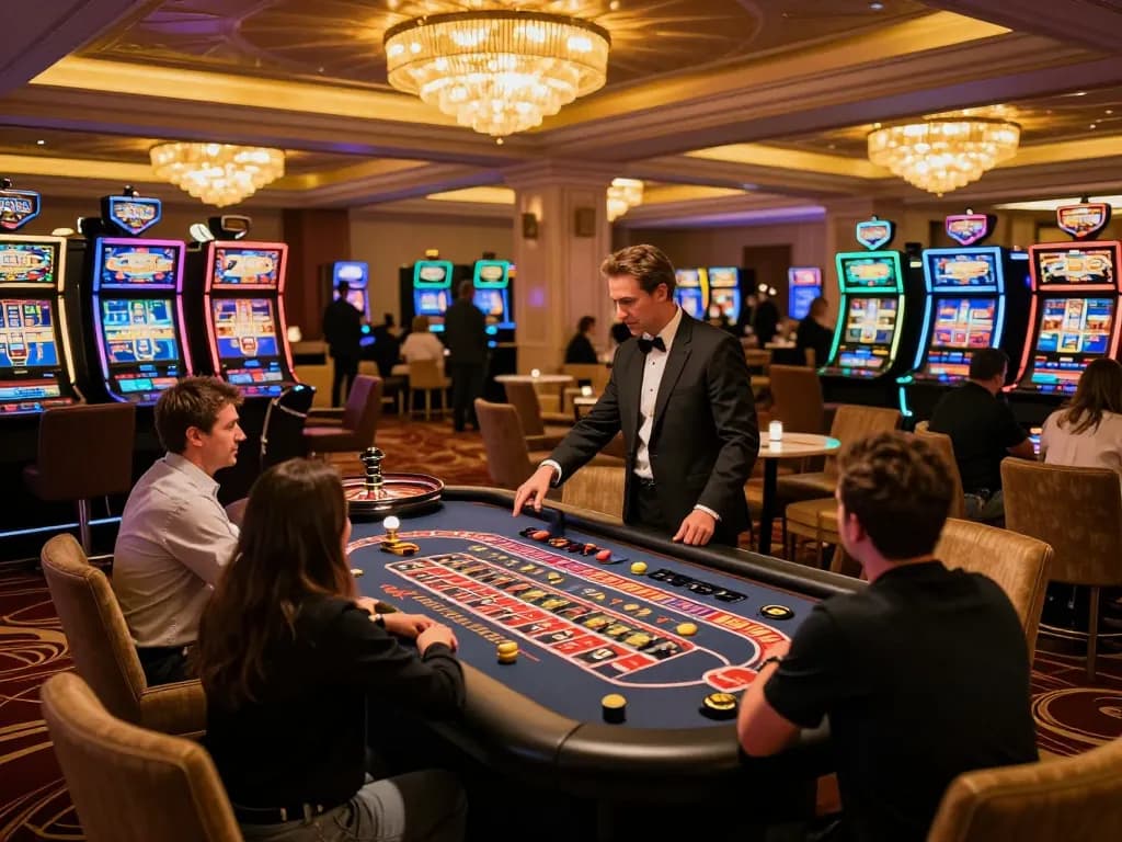 Players engaging in high-stakes roulette at 888NEW's luxurious casino, showcasing excitement.