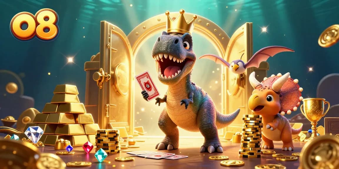 Engaging o8 casino-themed scene with cartoon dinosaurs playing cards and stacking chips.