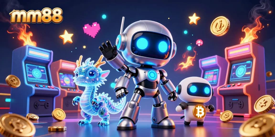 Engage with mm88's vibrant casino world featuring a chrome robot and AI dragon.