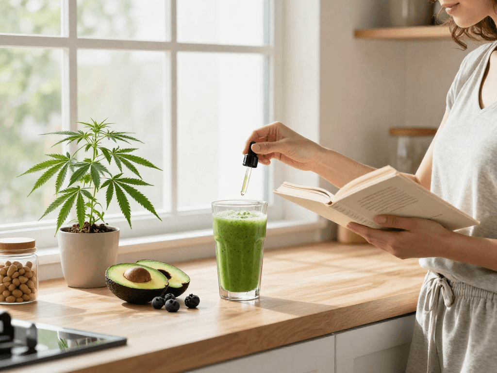 Concentrate delivery near me: premium CBD oil and wellness ingredients in a bright kitchen setup.