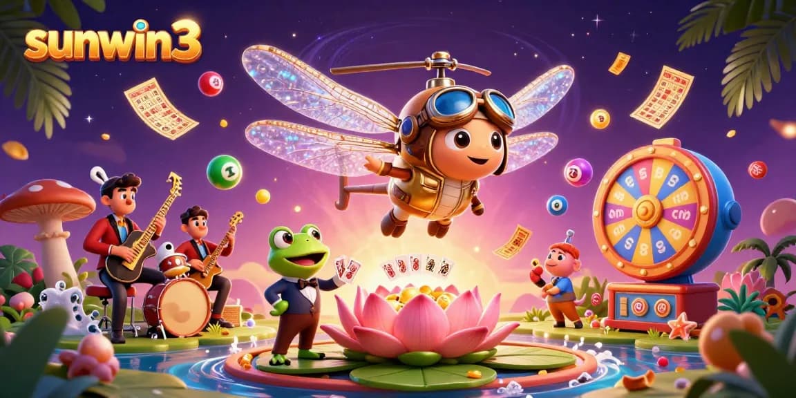 Experience vibrant jackpots at sunwin3 with engaging frogs and dragonflies in a lively casino scene.
