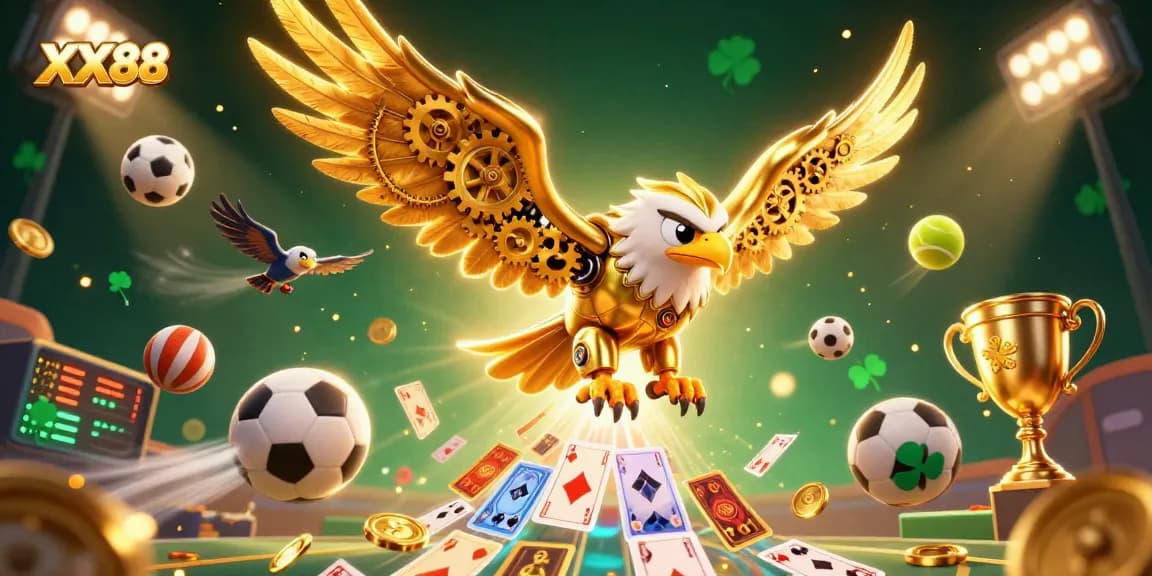 Experience the thrilling action at XX88 with a vibrant scene of golden eagles amidst dynamic gambling elements.