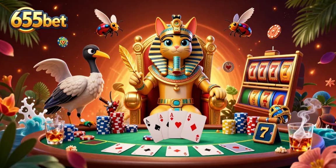 Immerse yourself with 655bet's vibrant casino scene featuring an Egyptian pharaoh cat and poker chips in action.