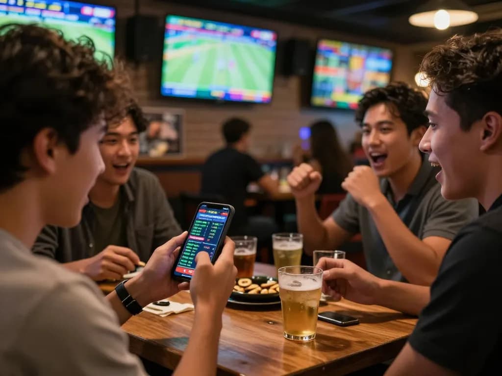 Engaging sports fan reviewing kèo nhà cái hôm nay odds on smartphone at a lively sports bar