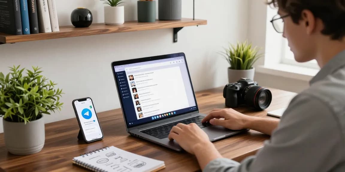 Engaged young professional using Telegram Web Version on a laptop in a modern home office setting.