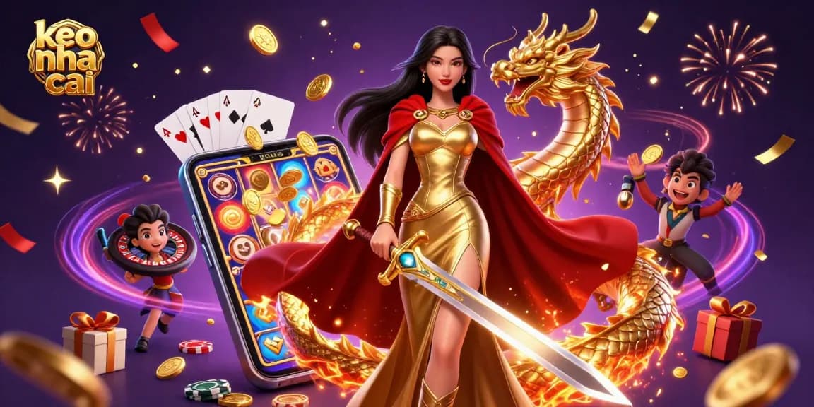 Spin the reels with keo nha cai as the warrior queen commands the casino game scene.