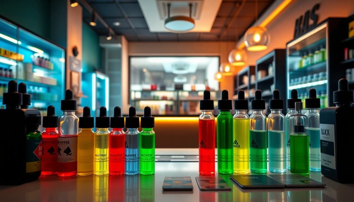 Showcasing diverse Vape & E-Liquids in a professional vape shop setting with warm lighting.