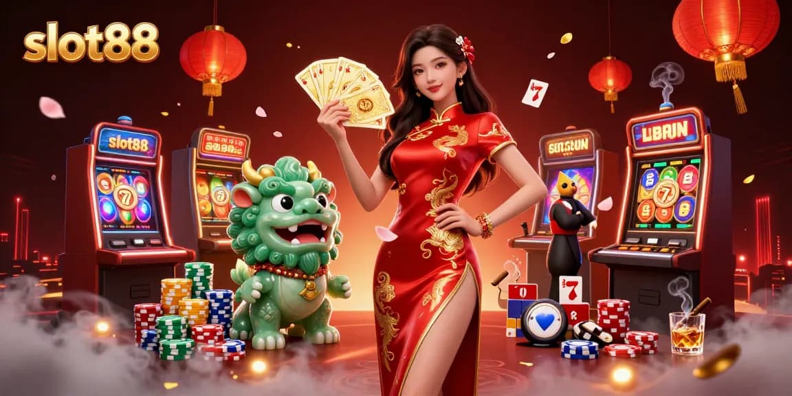 Spin the reels at slot88 featuring a captivating woman in qipao and a jade guardian.