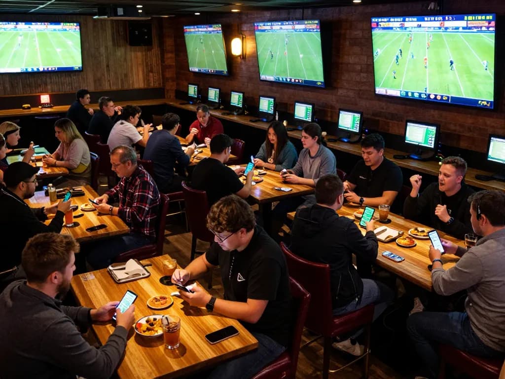 Fans analyzing football matches and using betting apps for nowgoals in a lively sports bar