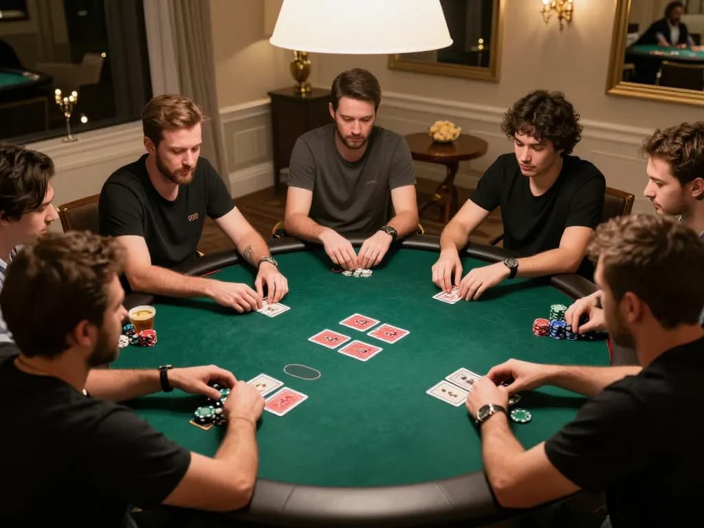 Players immersed in an exciting poker game at home, highlighting strategies with 388bet.