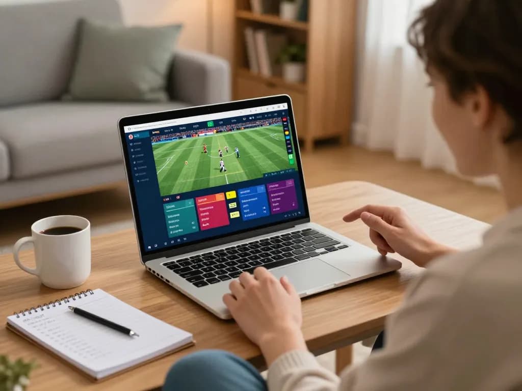 Person engaging in online sports betting on a laptop, focusing on keonhacai betting strategies for live events.