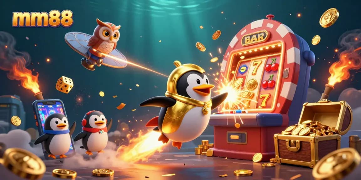 Experience winning thrills at mm88 with a golden penguin launching into a jackpot adventure in a vibrant casino.