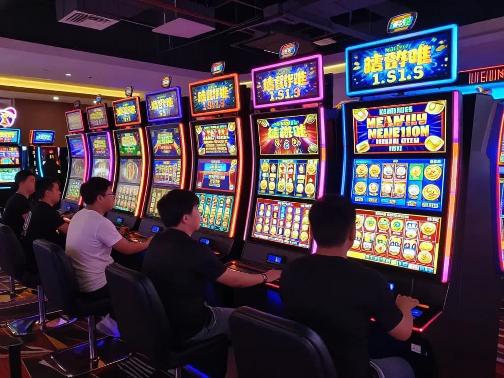 Engaging scene of players in a slot depo 10 environment, showcasing excitement at colorful machines with high win potential.