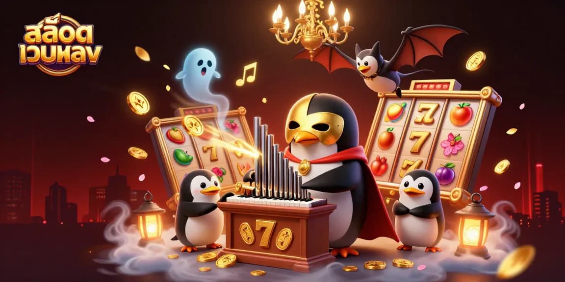Experience the thrill of สล็อตเว็บตรง with vibrant slot elements and a playful penguin organist.