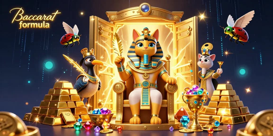 Engage with the Baccarat formula through a lavish 3D casino scene featuring royal characters and gold treasures.