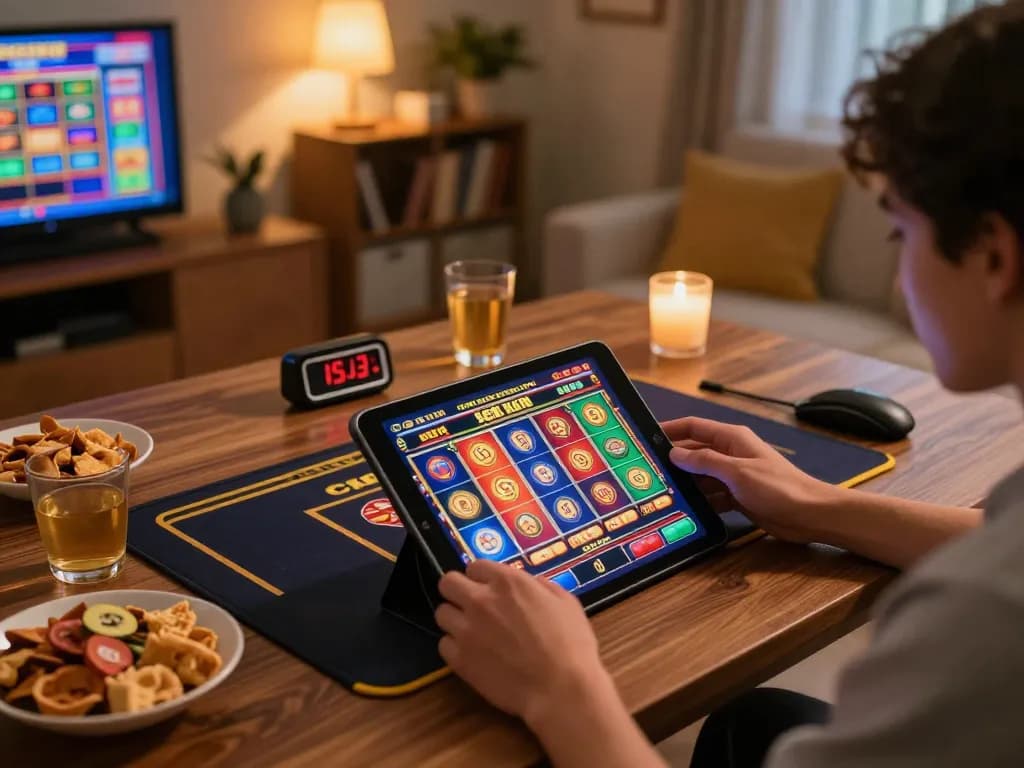 Engaging in slot bet kecil on a tablet, vibrant online gaming setup at home.
