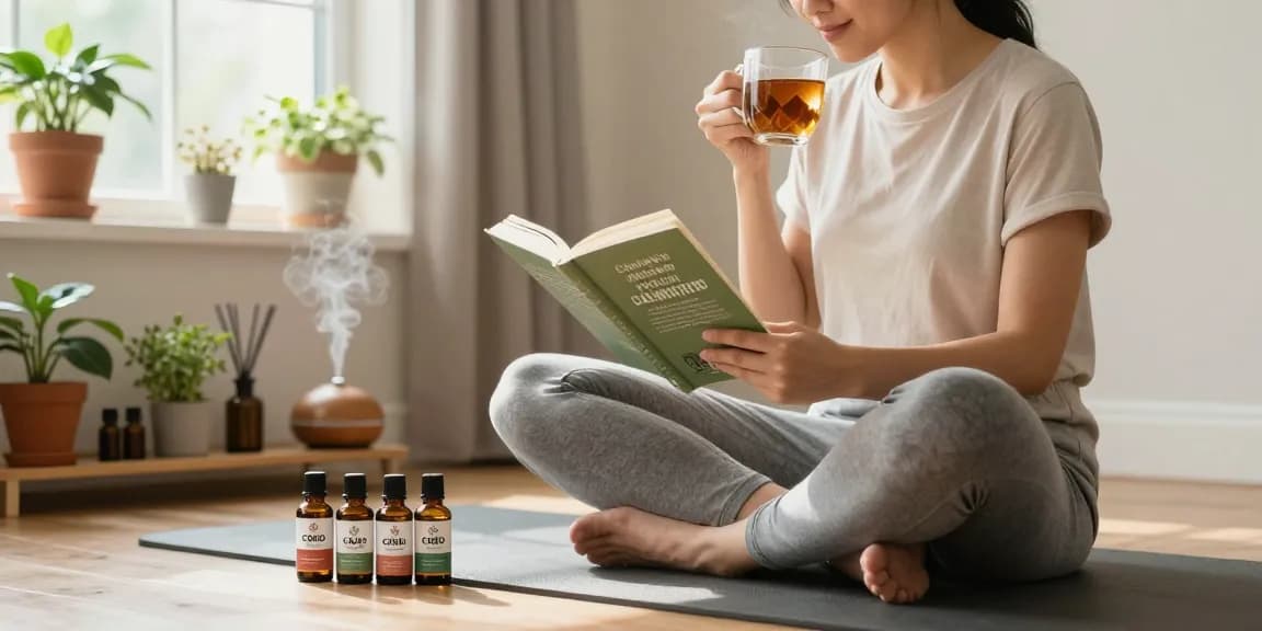 Relaxing wellness space with canadian cbd oil products, herbal tea, and serene atmosphere.