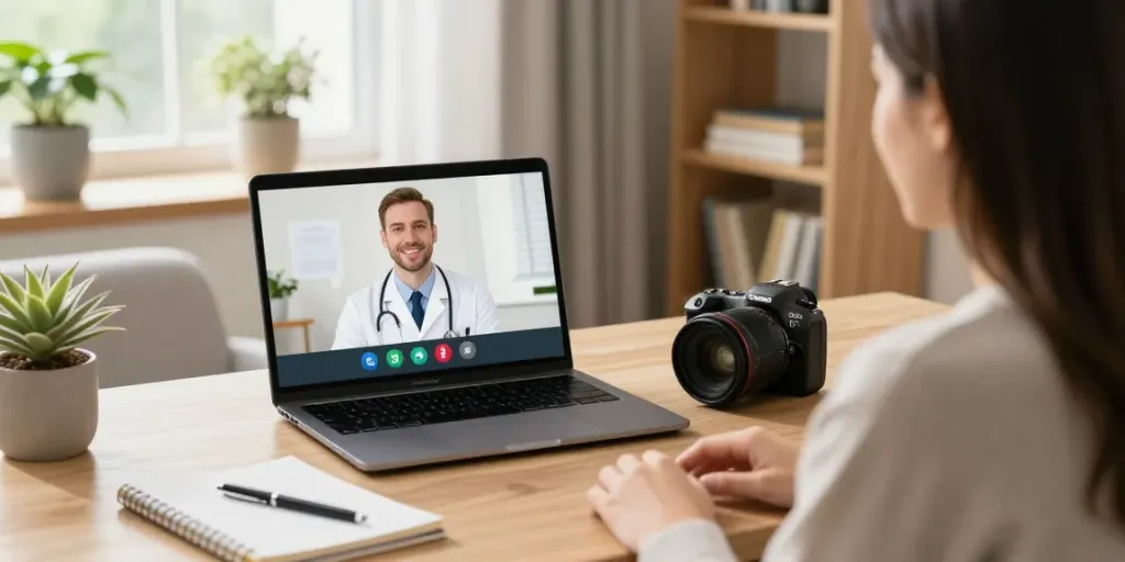 Medical card online consultation at home with doctor via video call.