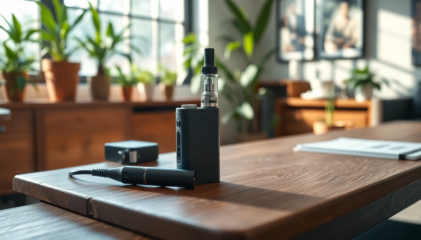 THC VAPE DACH REGION mit hochwertigem Vape-Gerät auf elegantem Tisch, entspannende Atmosphäre.