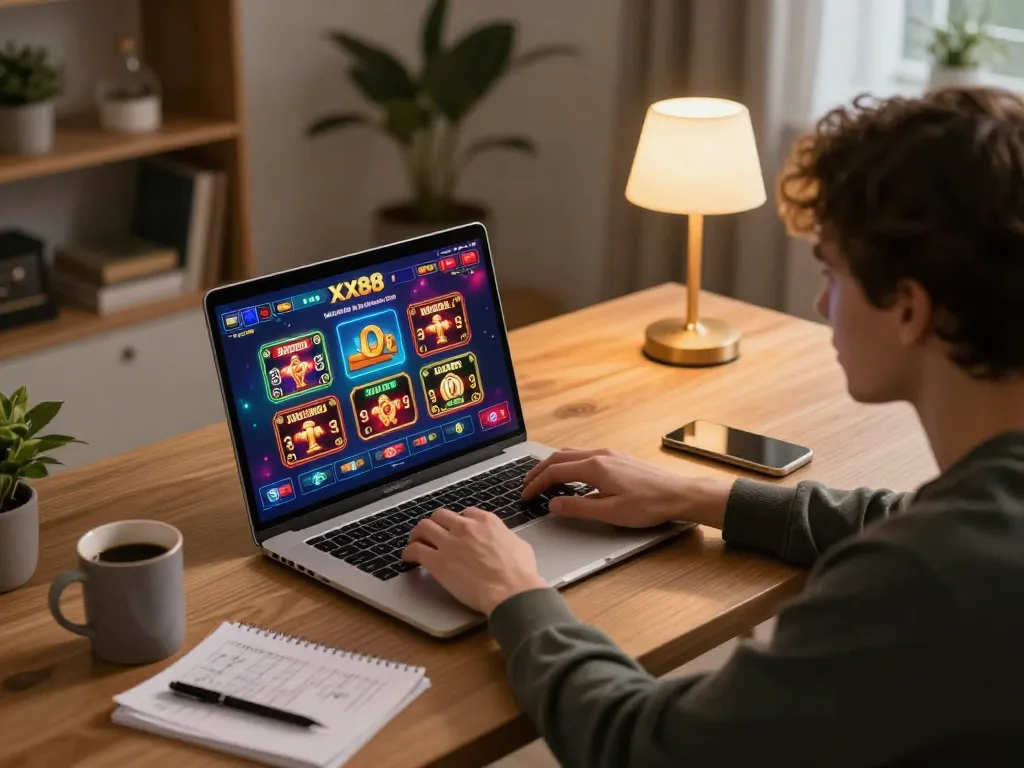 Player engaging with XX88 online casino on laptop, showcasing a vibrant gaming interface at home