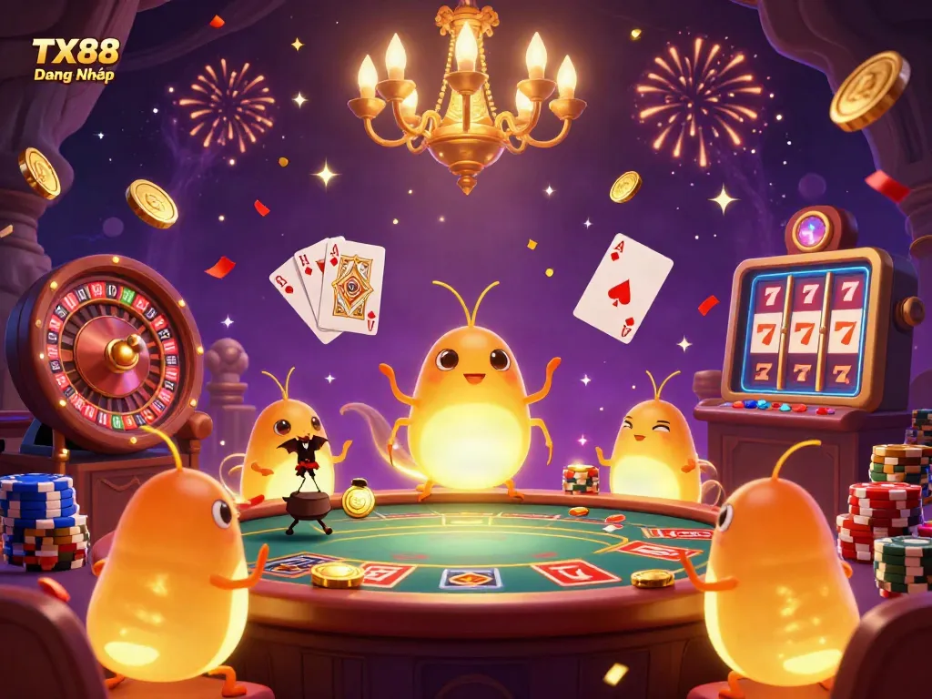 Experience thrilling games at TX88 Đăng Nhập with luminous glowworms lighting the casino environment and dynamic action.