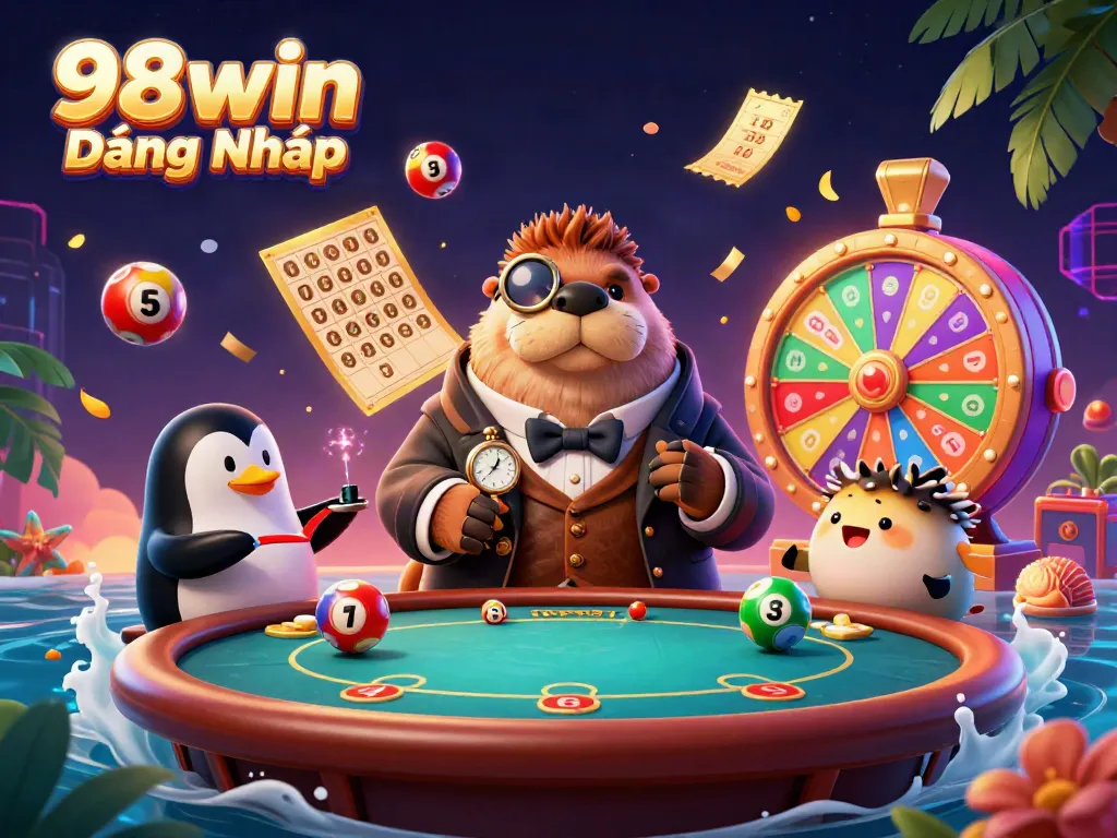 Experience thrilling gambling action with 98win Đăng Nhập as characters engage in a vibrant underwater poker game.