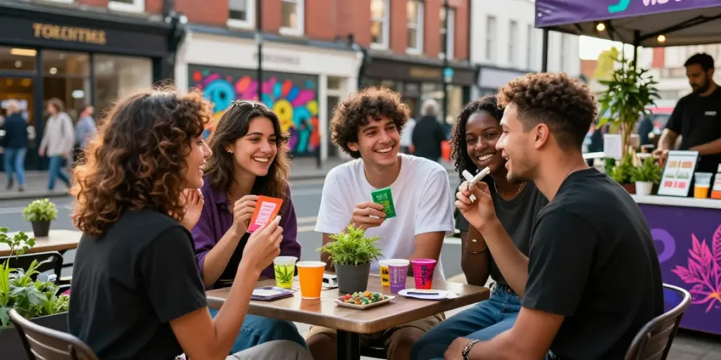 Friends enjoying a lively outdoor afternoon, showcasing cannabis products while discussing where to buy weed in Wolverhampton.