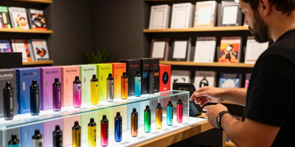Hitz infinity Gen 7 disposable vapes showcased in a vibrant vape shop.