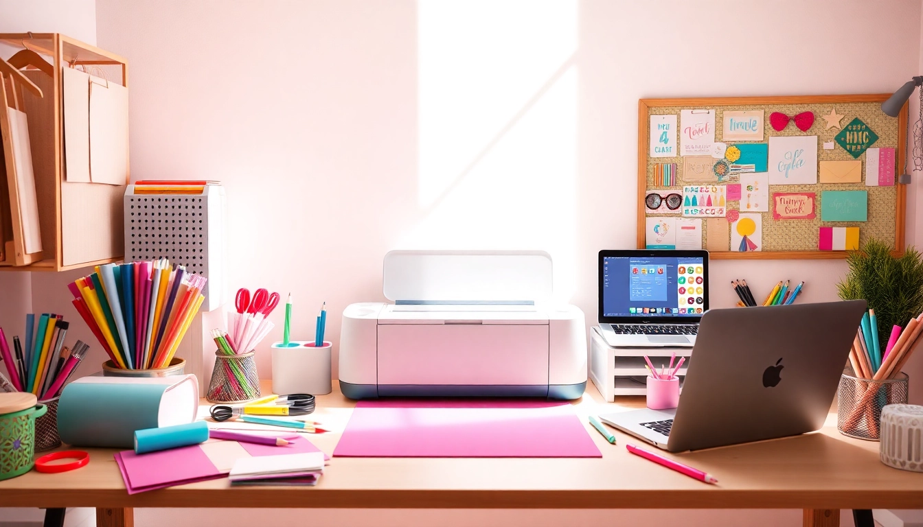 Cricut for beginners workspace showcasing a Cricut machine, vibrant crafting materials, and colorful designs.