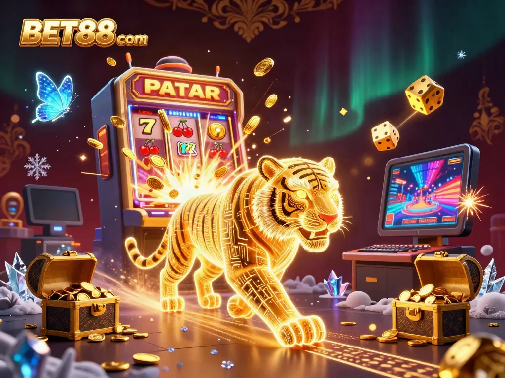 Experience the thrilling excitement of BET88 com with a vibrant digital casino scene featuring a neon tiger and jackpot elements.