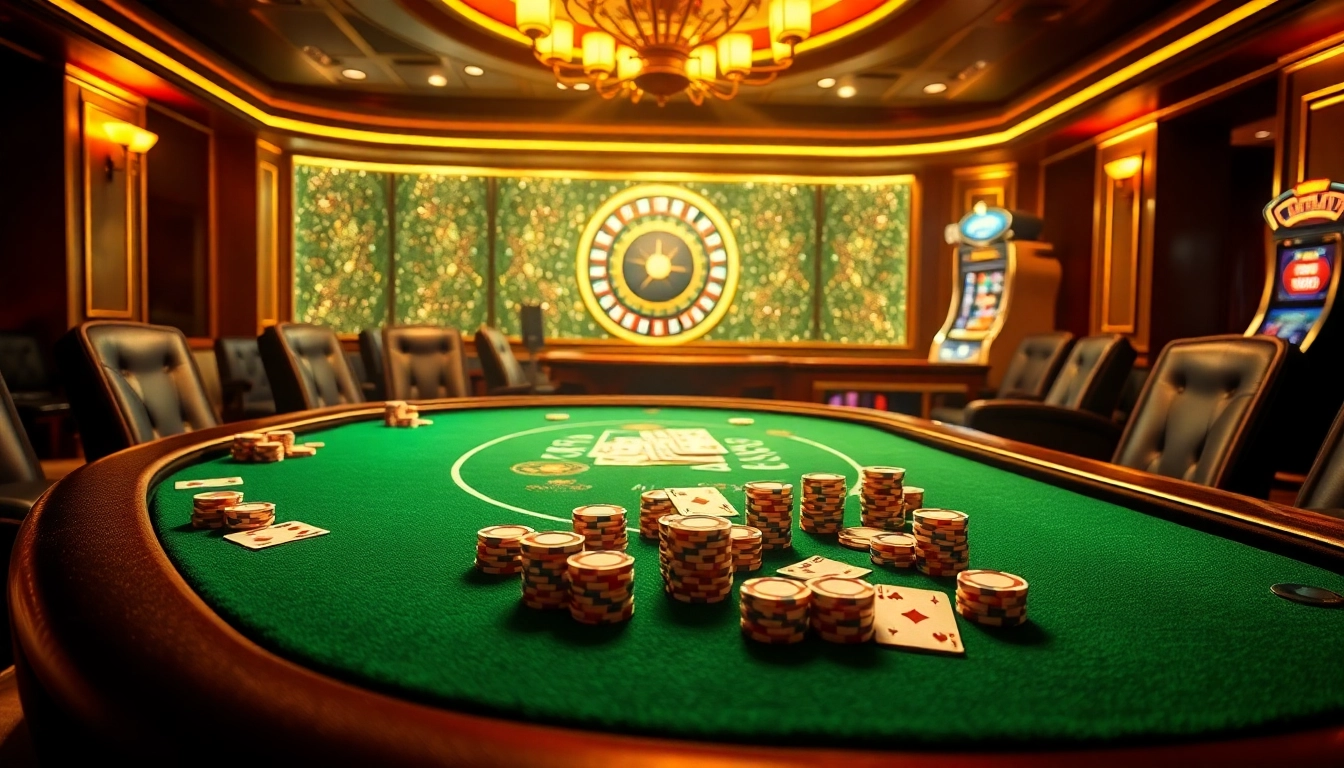 A vibrant scene of high-stakes poker at BK8 เว็บตรง casino, featuring poker chips and cards.