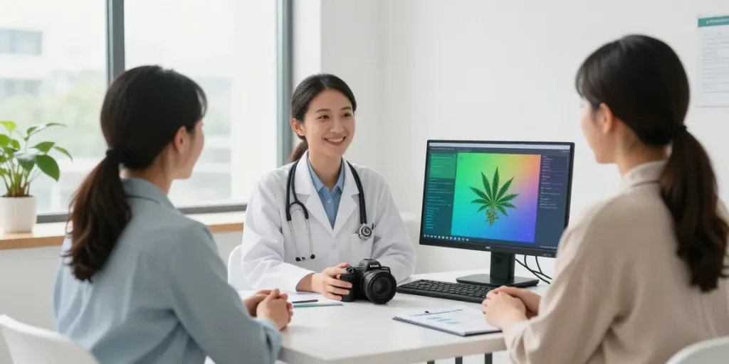 Healthcare professional explaining MMJ Card OK benefits in a modern office.