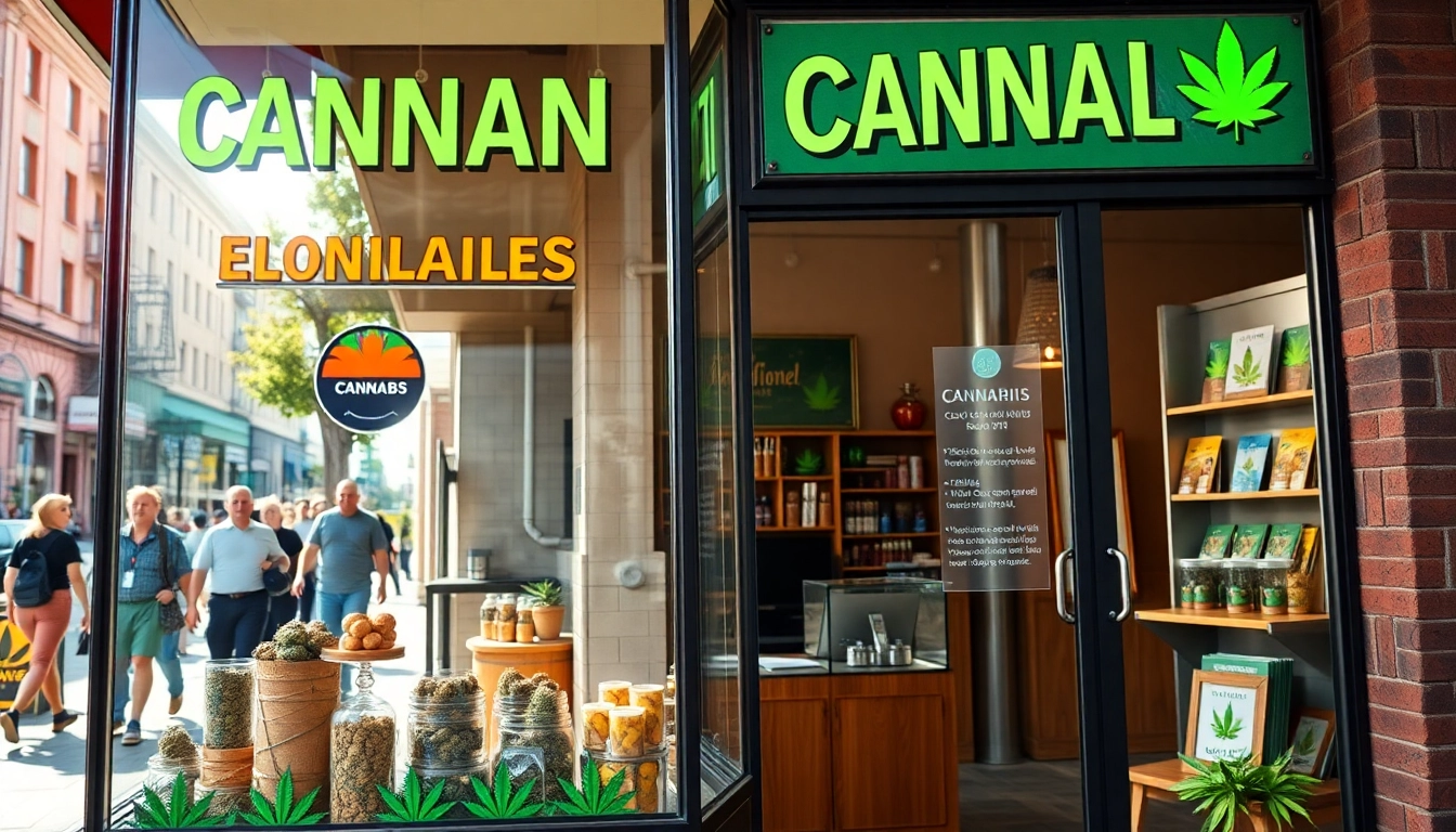 Find where to get pot at this vibrant cannabis storefront displaying various products.
