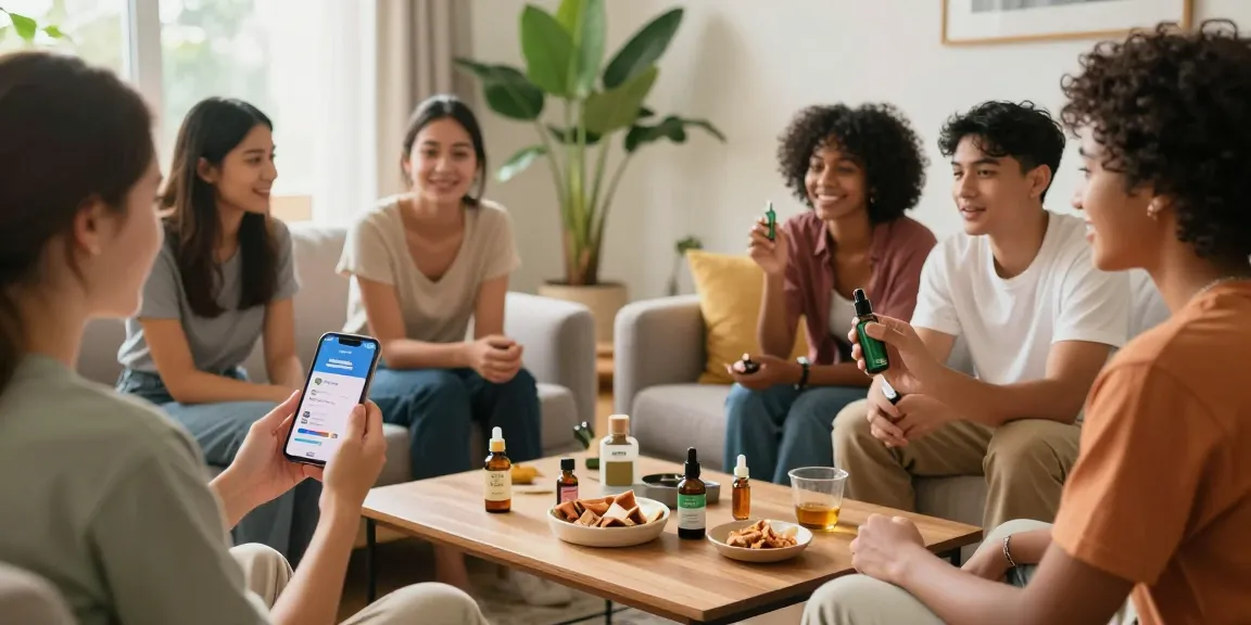 Engaging friends discussing weed telegram near me while exploring CBD products in a cozy living room setting.