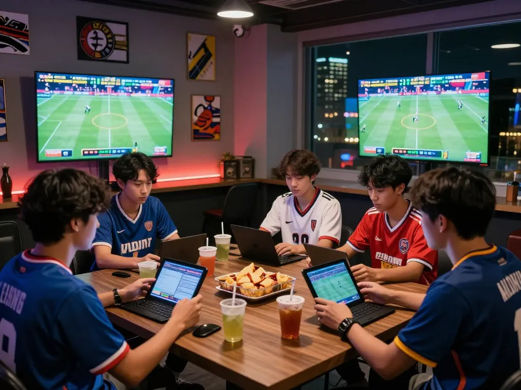 Thể thao hubet88 group of friends enjoying live sports betting in a vibrant lounge.
