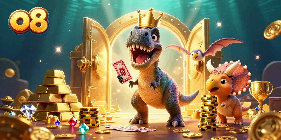 Engaging o8 casino-themed scene with cartoon dinosaurs playing cards and stacking chips.