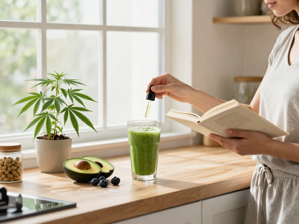 Concentrate delivery near me: premium CBD oil and wellness ingredients in a bright kitchen setup.