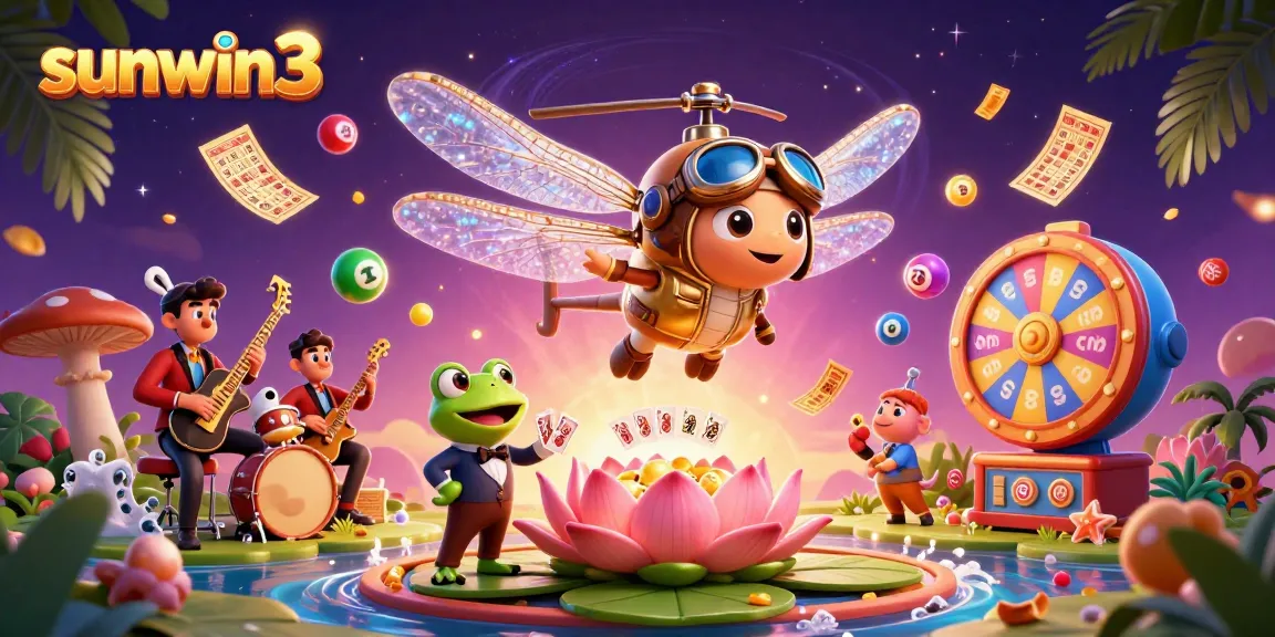 Experience vibrant jackpots at sunwin3 with engaging frogs and dragonflies in a lively casino scene.