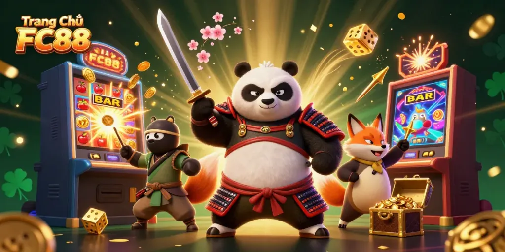 Experience the excitement at Trang Chủ FC88 with a dynamic casino scene featuring samurai panda and ninja fox.