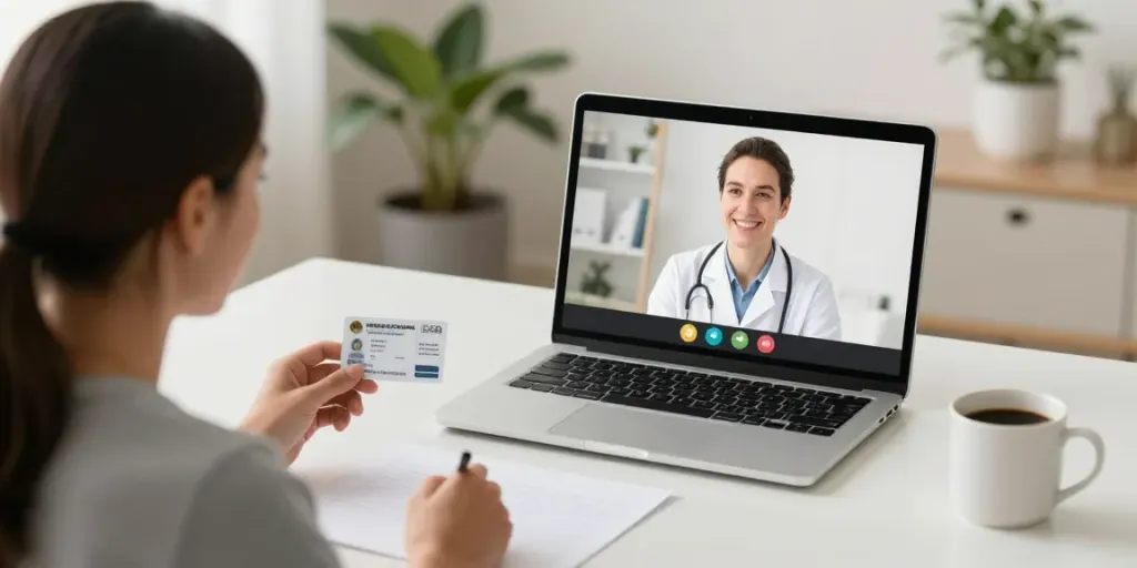 Patient engaging in a video consultation for a medical card online in a welcoming home office.